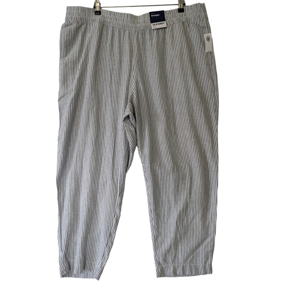 Old Navy Womens High Rise Straight-Leg XXL Stripe Pull-On Pockets Linen Blend